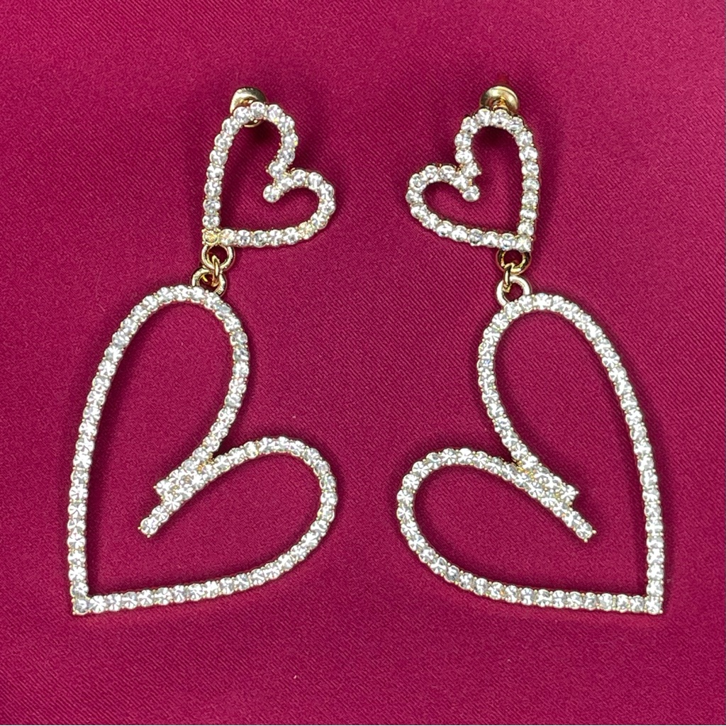 Gold Rhinestone Double Love Heart Drop Dangle Earrings Nwt